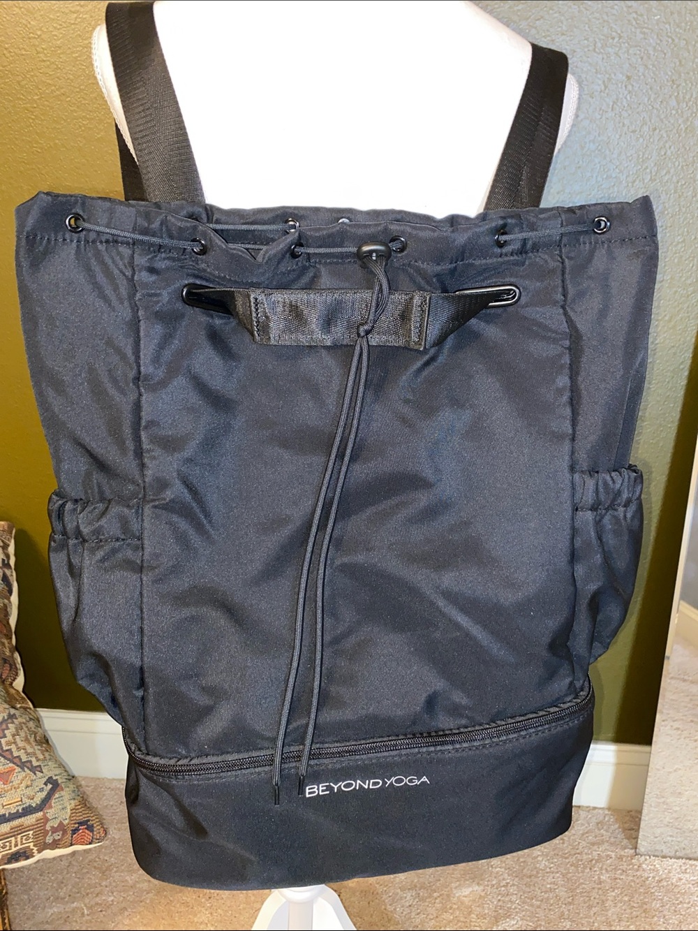 Beyond Yoga Black Drawstring Backpack Tote with Front Zip Pocket